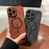 Luxueuze Hertenleer Apple iPhone Hoes | Magnetische Telefoonhoes, Draadloze Case, MagSafe, Draadloos Laden, Beschermhoes, Cover iPhone 15, 14, 13 Pro Max Plus