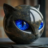 NoirCat Sculptuur | Hoogglans Hars Kat Hoofd Buste | Reflectieve Marmer-Gemodelleerde Afwerking | Hoog-Contrast Pupil Dilation Optiek | Desktop Anatomisch Feline Model | Niet-Poreus Gewogen Kunstobject