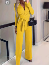 Jumpsuit met wijde pijpen en riem, V-hals – Elise, Lente 2025 Editie