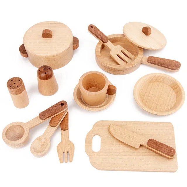 Houten keukenspeelgoed met boomstamlook voor rollenspellen & leerplezier